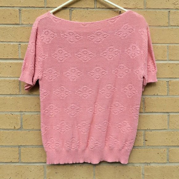 Pretty Pink Short Sleeve Intaglio Knit Cotton Sweater 36" Bust - preowned - Picture 2 of 2